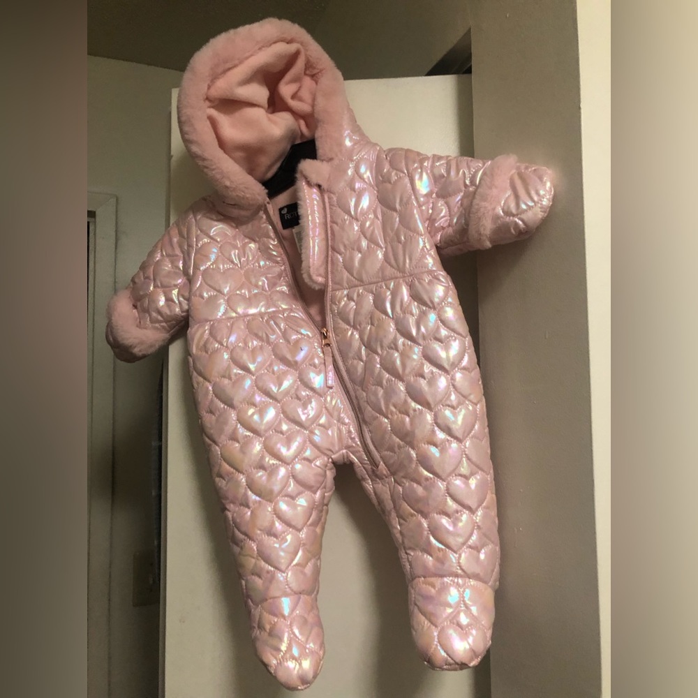 Rothschild Snowsuit Infant Girls 6/9 Month Faux Fur Pink Heart Hooded Metallic
